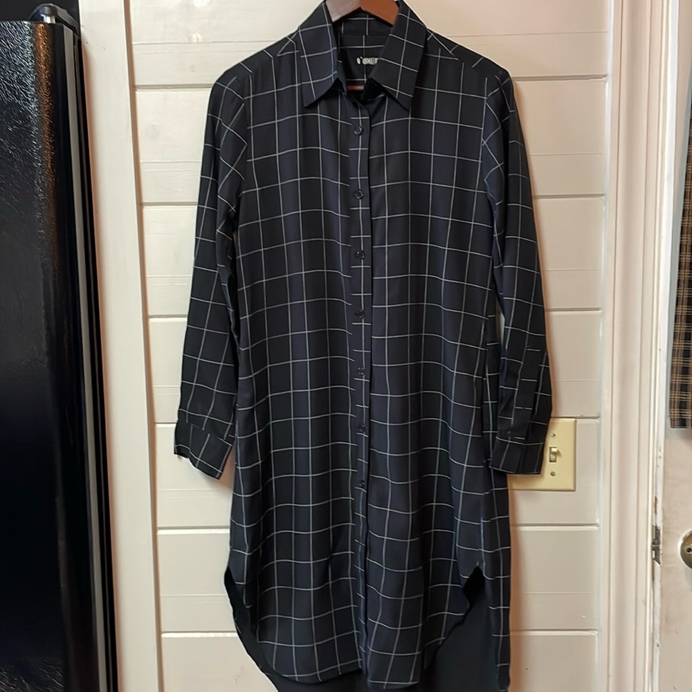 Reformation Windowpane Black/White Button Down Tencel Shirt Dress Size S.